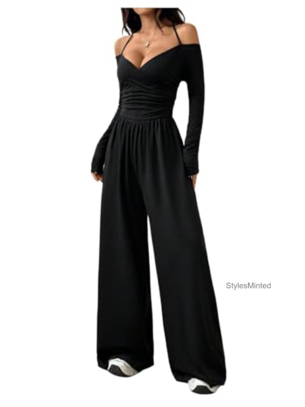 Women's Wide Leg Jumpsuit Off Shoulder Long Sleeve Ruched High Waist Loose Fit